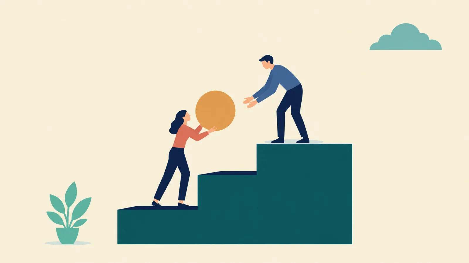 Flat vector illustration: a woman on the lower step of a broad staircase lifts a large golden disc toward a man on the top step, who leans forward with open hands, calmly ready to receive it.