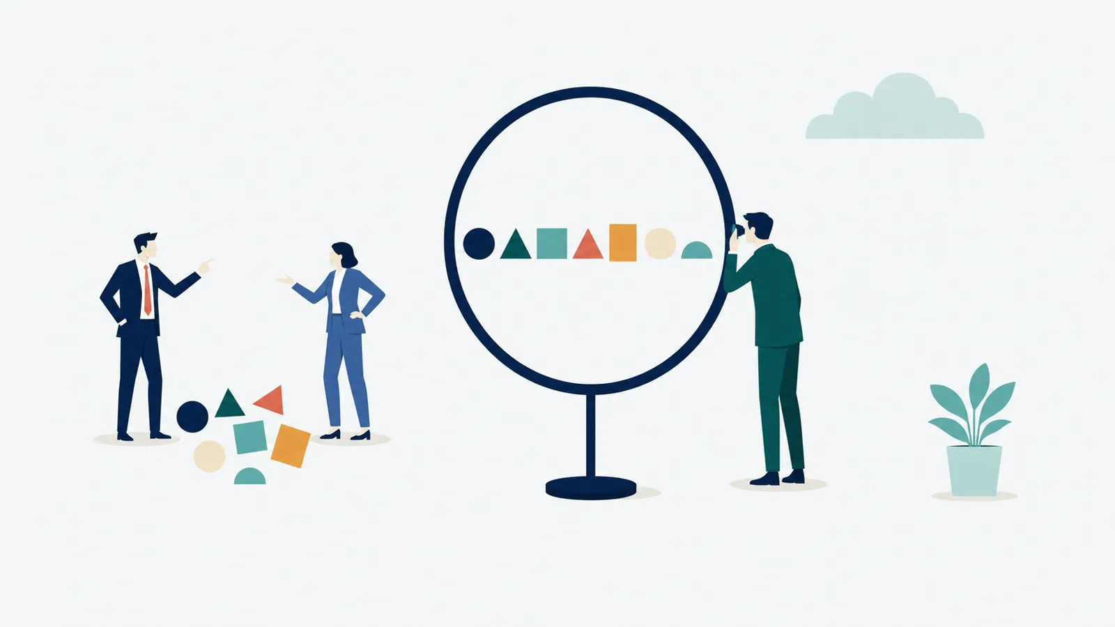 Flat vector illustration: two colleagues argue over a heap of scattered shapes while a third looks through a large upright lens in which those same shapes resolve into a single aligned row.