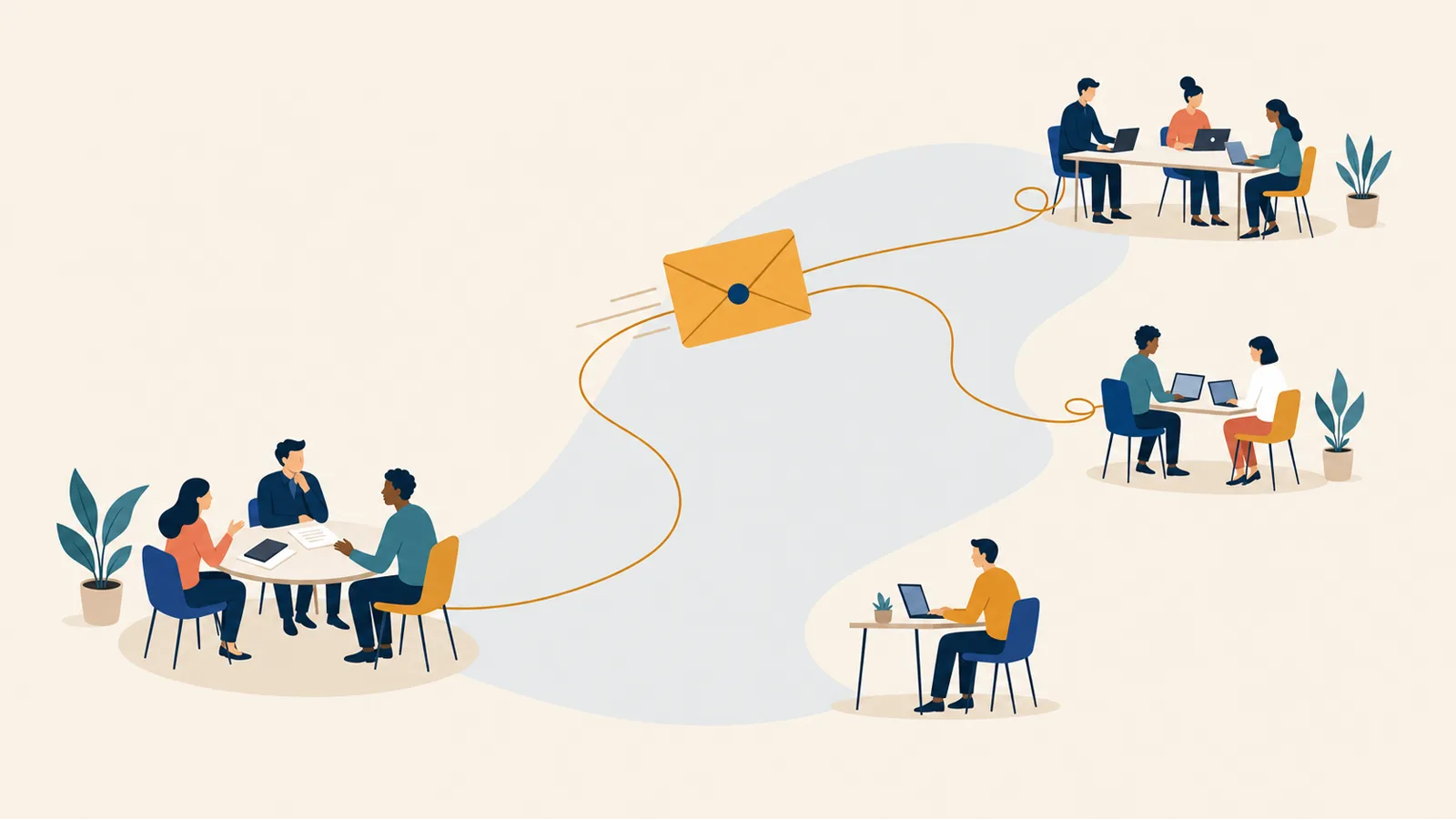 Flat vector editorial illustration on a cream background: a sealed envelope travels away from three figures at a round table, trailing a thin ochre thread that branches out and reaches three separate teams working at desks far across the frame.
