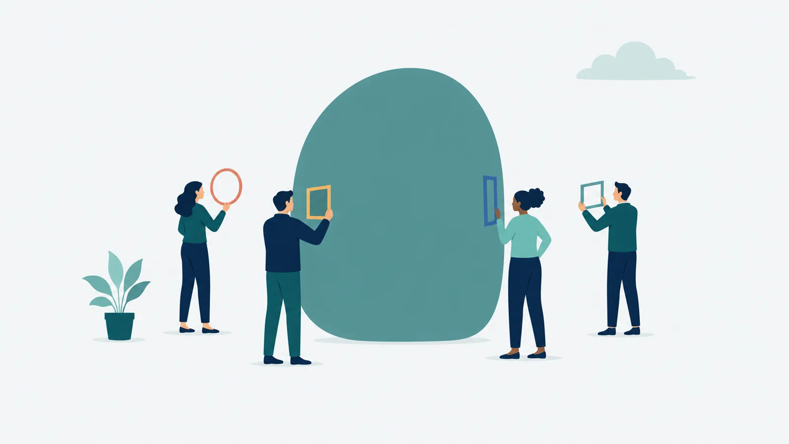 Flat vector illustration: four colleagues stand around one large shared shape, each holding up a differently tinted viewing frame so the same object looks different through every lens.