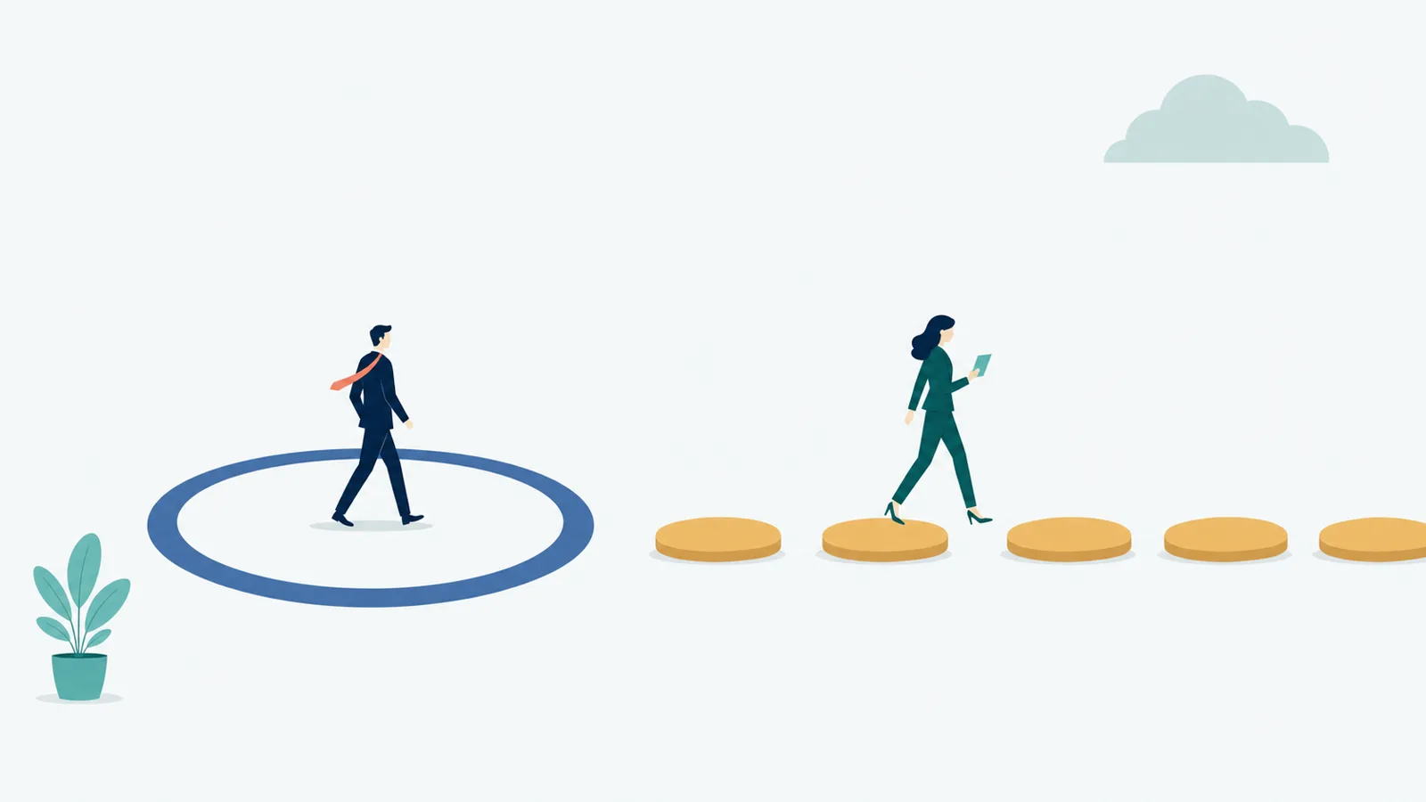 Flat vector illustration: one figure walks a closed circular track that returns to itself while another, holding a written note, steps forward across a row of evenly spaced stones toward the edge of the frame.