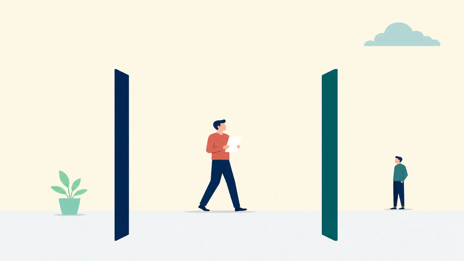 Flat vector illustration: a person walks decisively with a document in hand through the open field between two tall upright markers, while a second figure watches from outside the far marker.